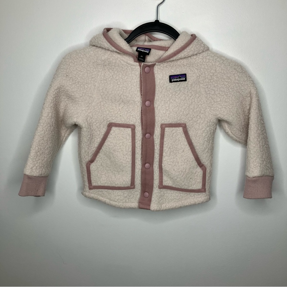 Patagonia Cream and Pink Sherpa Fleece Hoodie Jacket